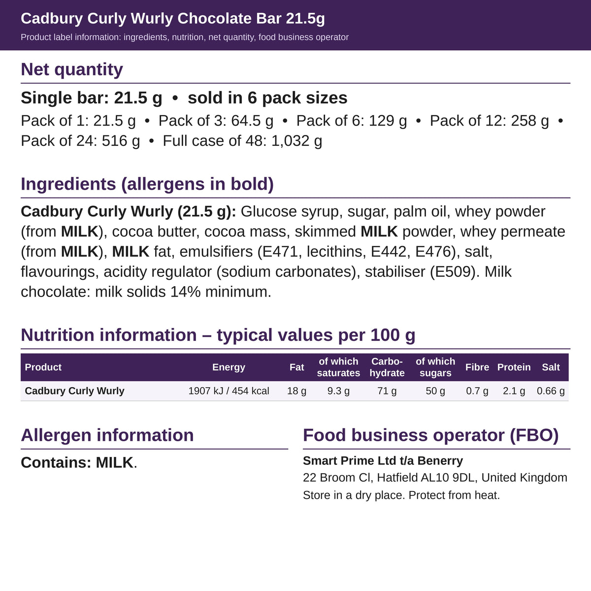 Cadbury Curly Wurly 21.5g – ingredients and nutrition label