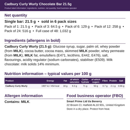 Cadbury Curly Wurly 21.5g – ingredients and nutrition label