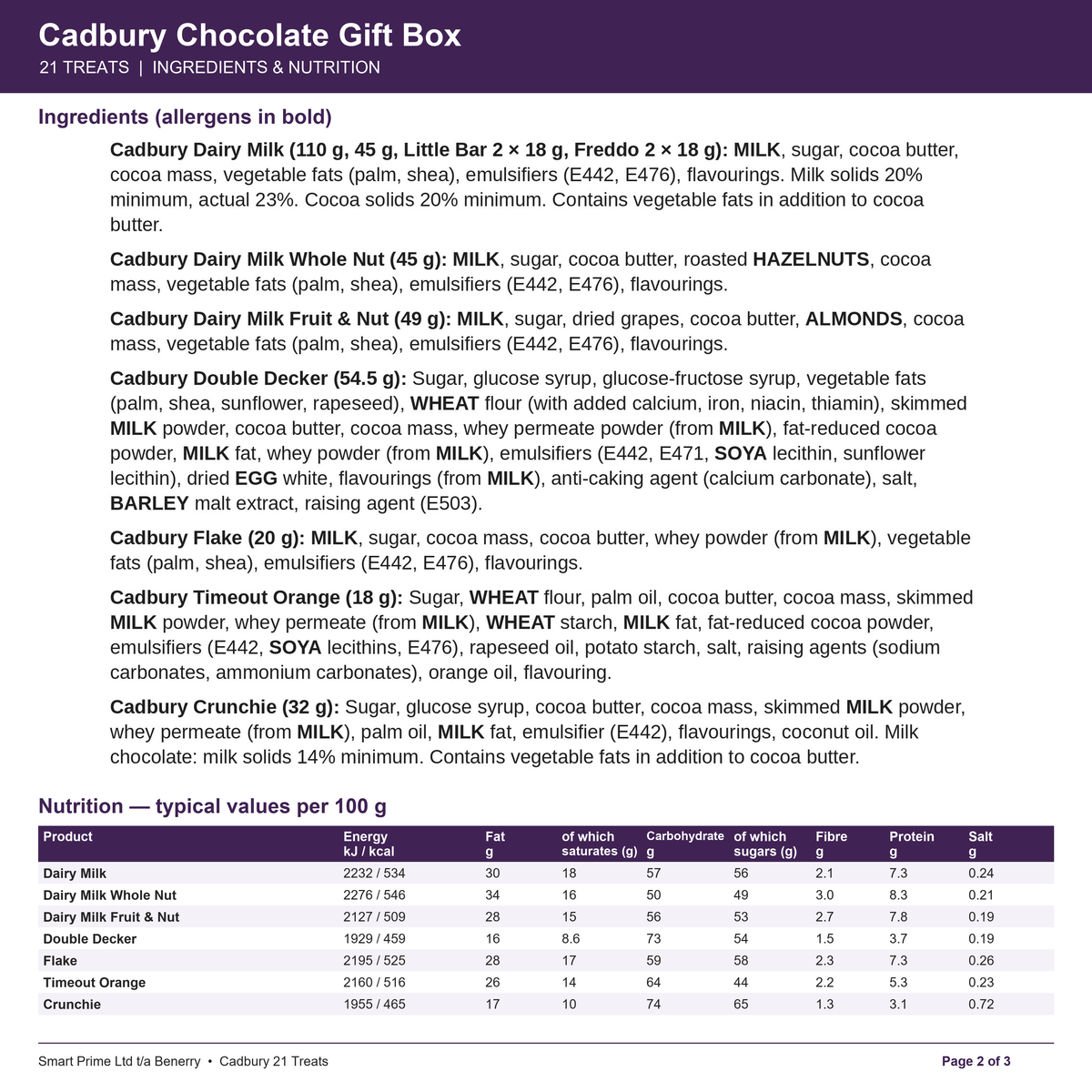 Cadbury 21 Treats – product label – page 2 of 3
