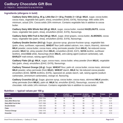 Cadbury 21 Treats – product label – page 2 of 3