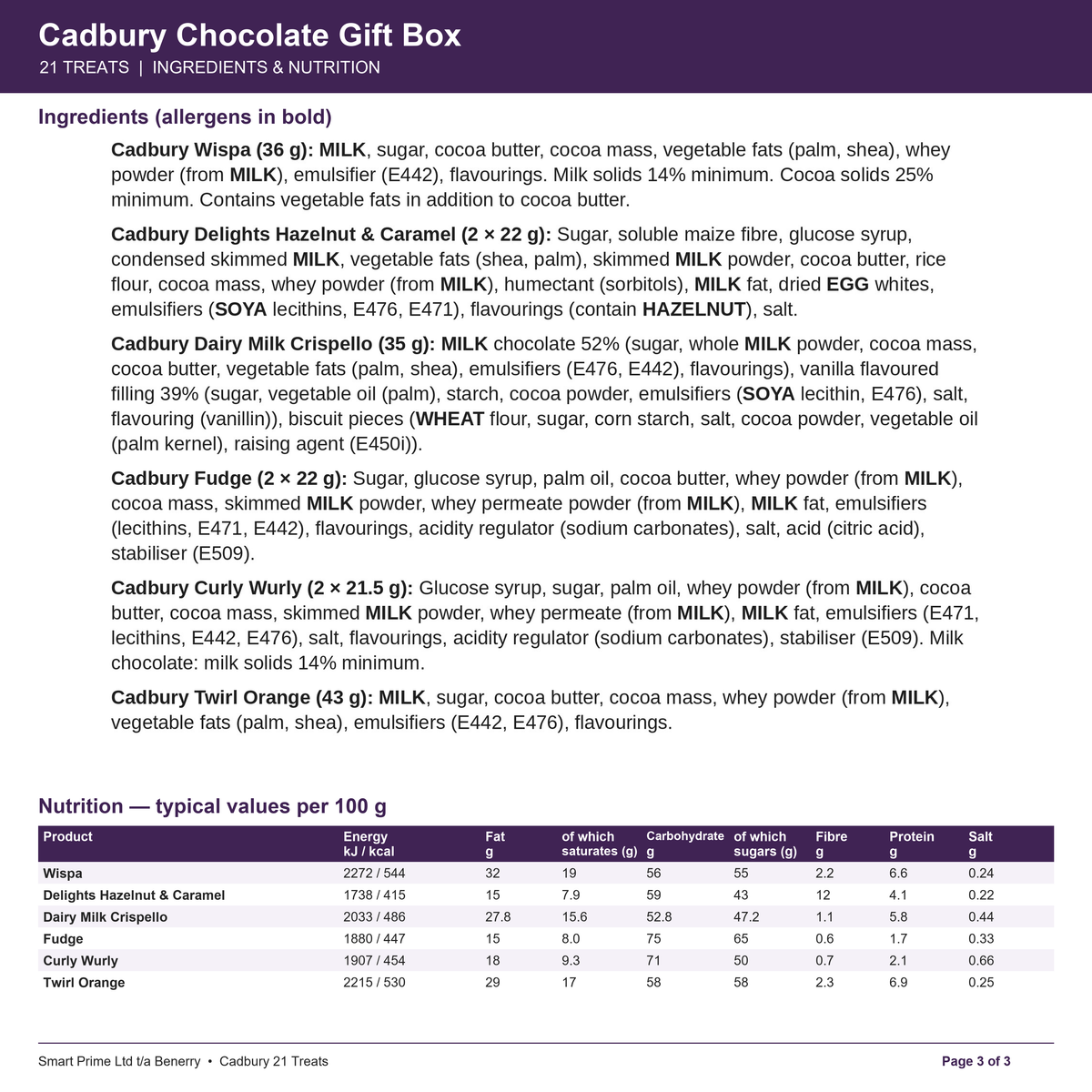 Cadbury 21 Treats – product label – page 3 of 3