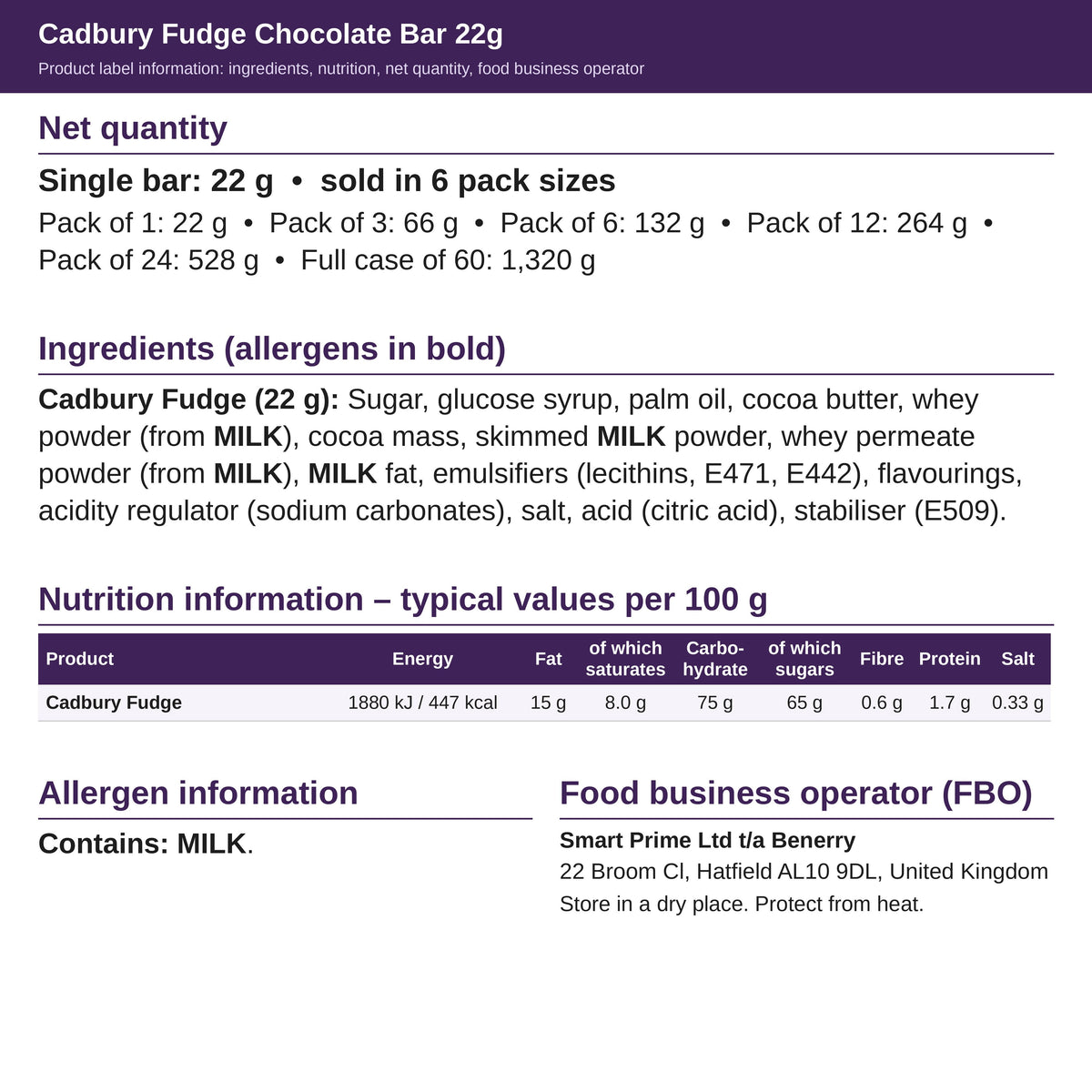 Cadbury Fudge 22g – ingredients and nutrition label