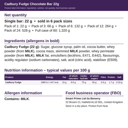 Cadbury Fudge 22g – ingredients and nutrition label