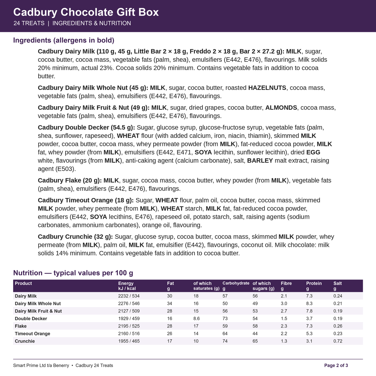 Cadbury 24 Treats – product label – page 2 of 3