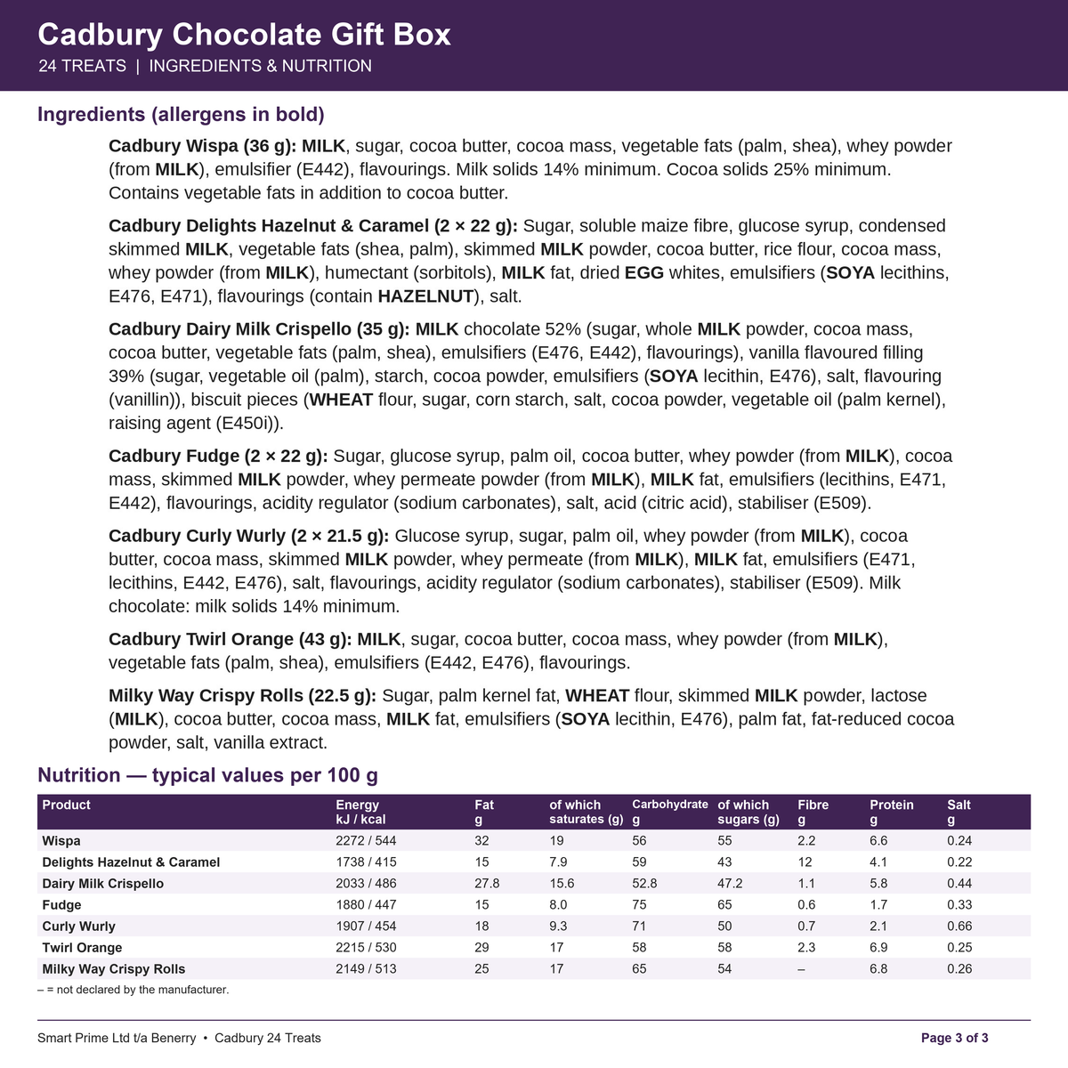 Cadbury 24 Treats – product label – page 3 of 3