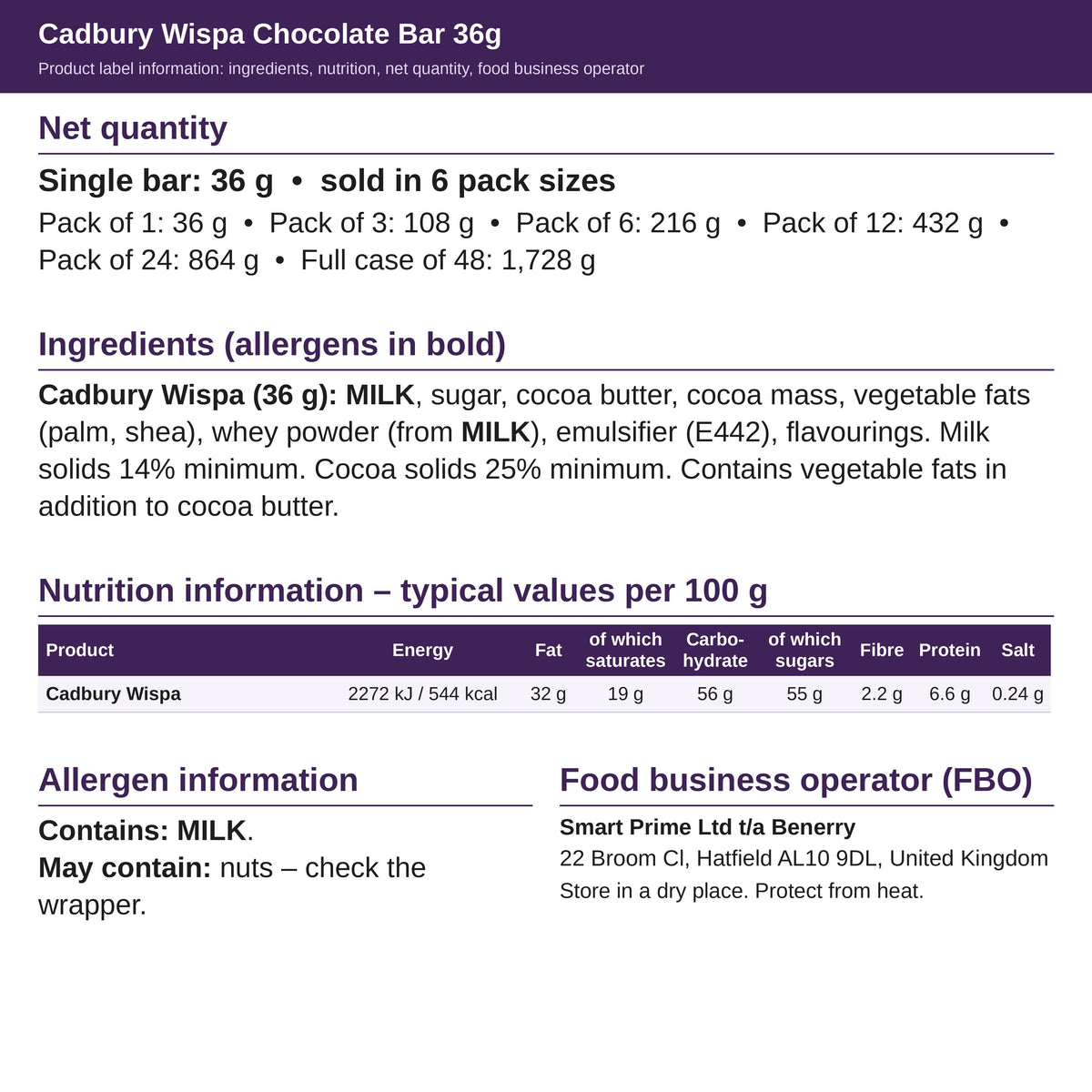 Cadbury Wispa 36g – ingredients and nutrition label
