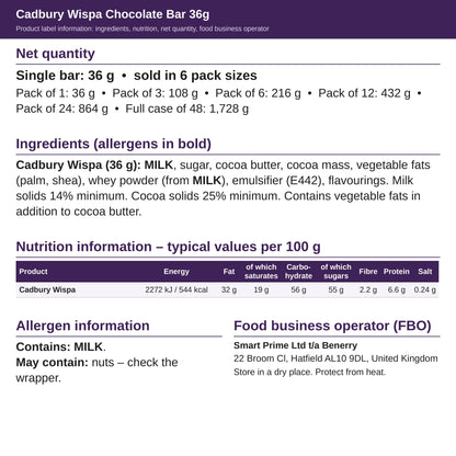 Cadbury Wispa 36g – ingredients and nutrition label
