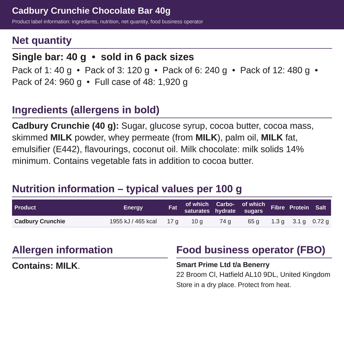 Cadbury Crunchie 40g – ingredients and nutrition label