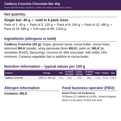 Cadbury Crunchie 40g – ingredients and nutrition label