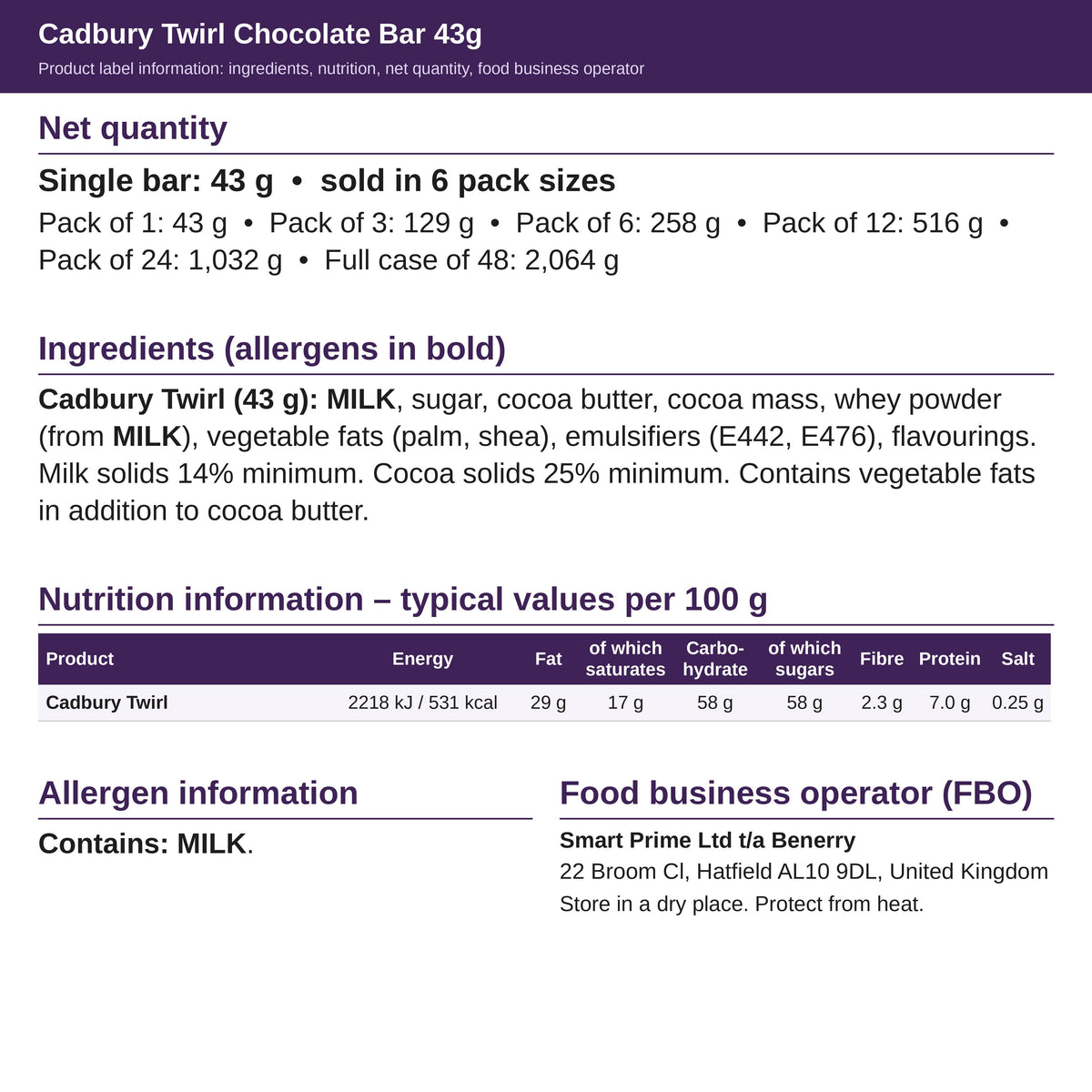 Cadbury Twirl 43g – ingredients and nutrition label