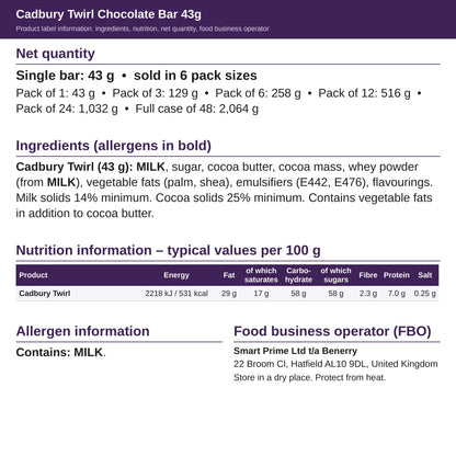 Cadbury Twirl 43g – ingredients and nutrition label