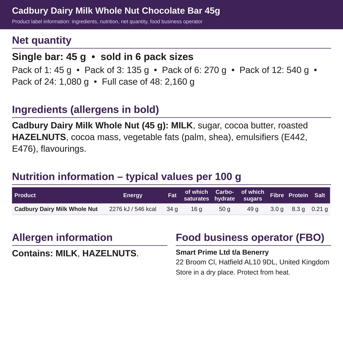 Cadbury Dairy Milk Whole Nut 45g – ingredients and nutrition label