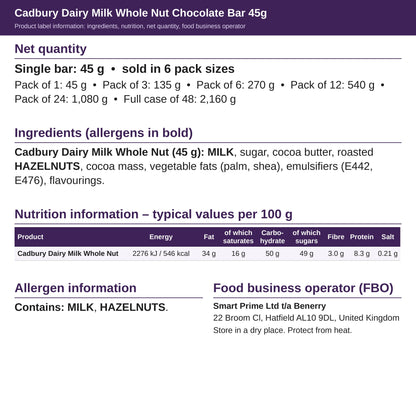 Cadbury Dairy Milk Whole Nut 45g – ingredients and nutrition label