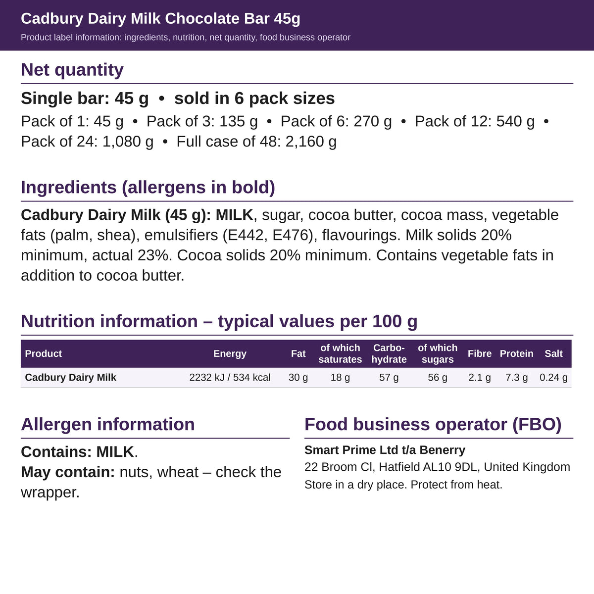 Cadbury Dairy Milk 45g – ingredients and nutrition label