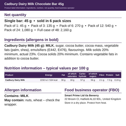 Cadbury Dairy Milk 45g – ingredients and nutrition label