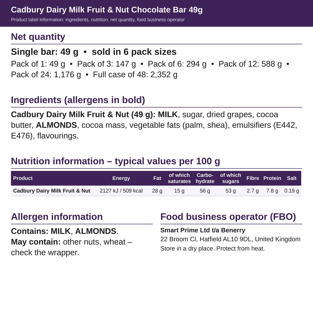 Cadbury Dairy Milk Fruit & Nut 49g – ingredients and nutrition label