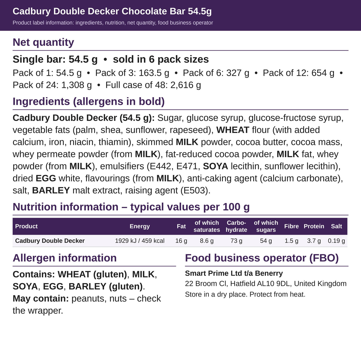Cadbury Double Decker 54.5g – ingredients and nutrition label