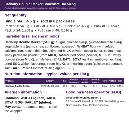 Cadbury Double Decker 54.5g – ingredients and nutrition label