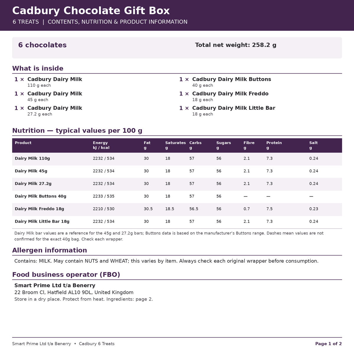 Cadbury six treat gift box contents nutrition and product information, page 1 of 2