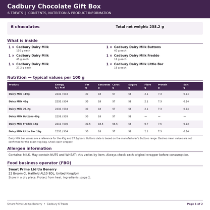 Cadbury six treat gift box contents nutrition and product information, page 1 of 2