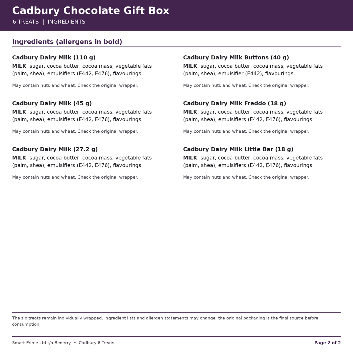 Cadbury six treat gift box ingredients, page 2 of 2