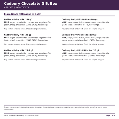 Cadbury six treat gift box ingredients, page 2 of 2