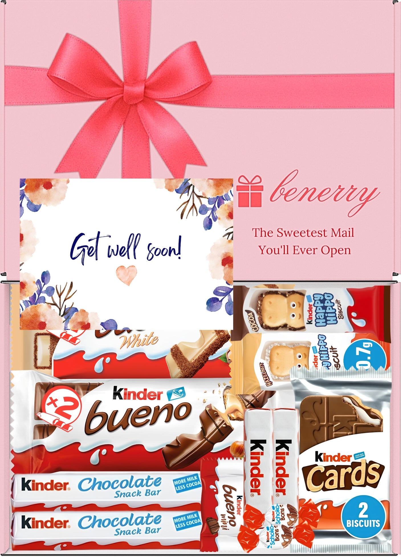 Kinder Chocolate Gift Box 12 Treats – Get Well Soon Pink Gift Box by Benerry