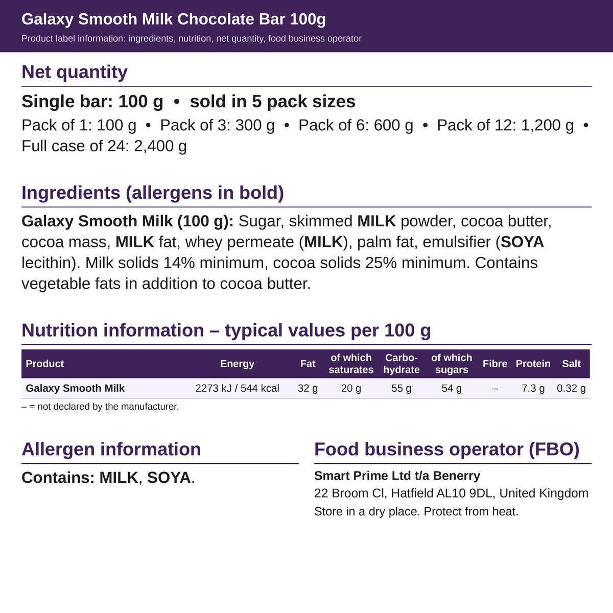 Galaxy Smooth Milk 100g – ingredients and nutrition label