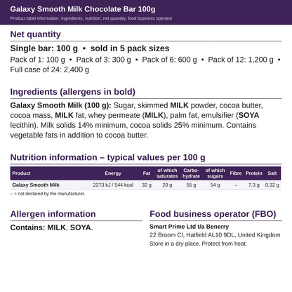 Galaxy Smooth Milk 100g – ingredients and nutrition label