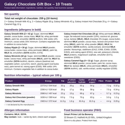 Galaxy 10 Treats – ingredients and nutrition label