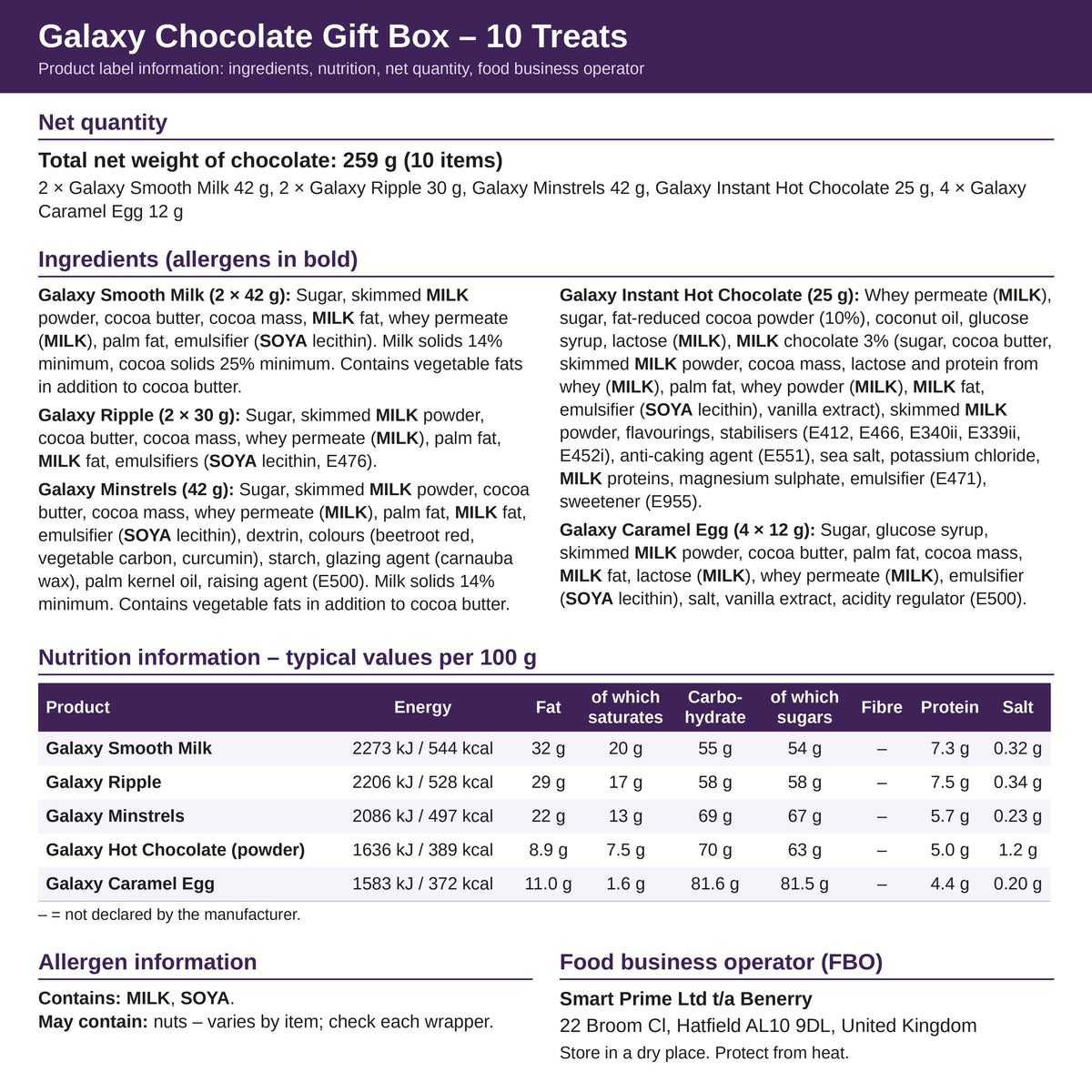 Galaxy 10 Treats – ingredients and nutrition label