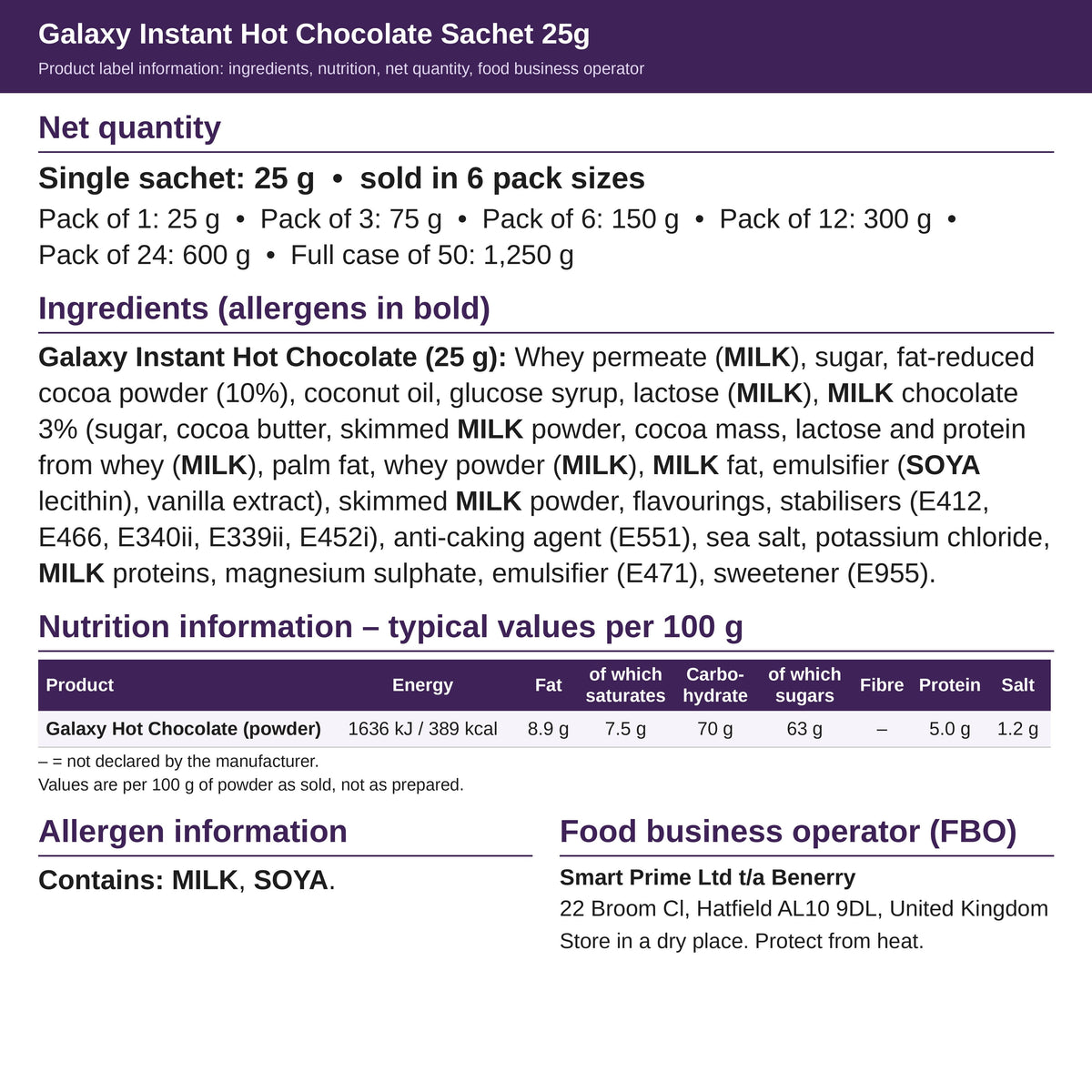 Galaxy Instant Hot Chocolate 25g – ingredients and nutrition label