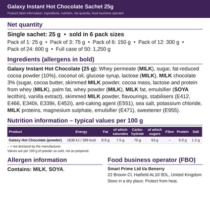 Galaxy Instant Hot Chocolate 25g – ingredients and nutrition label
