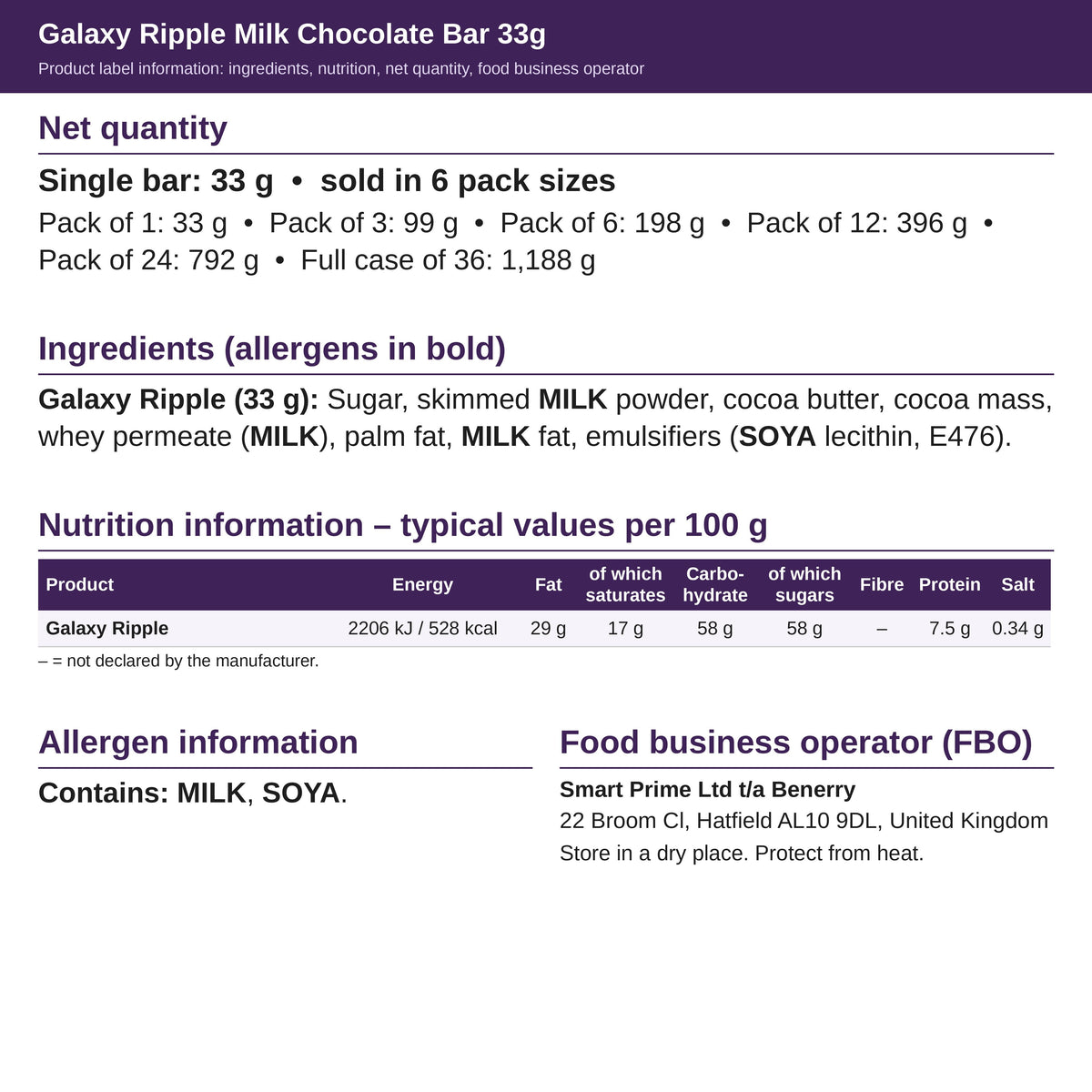 Galaxy Ripple 33g – ingredients and nutrition label