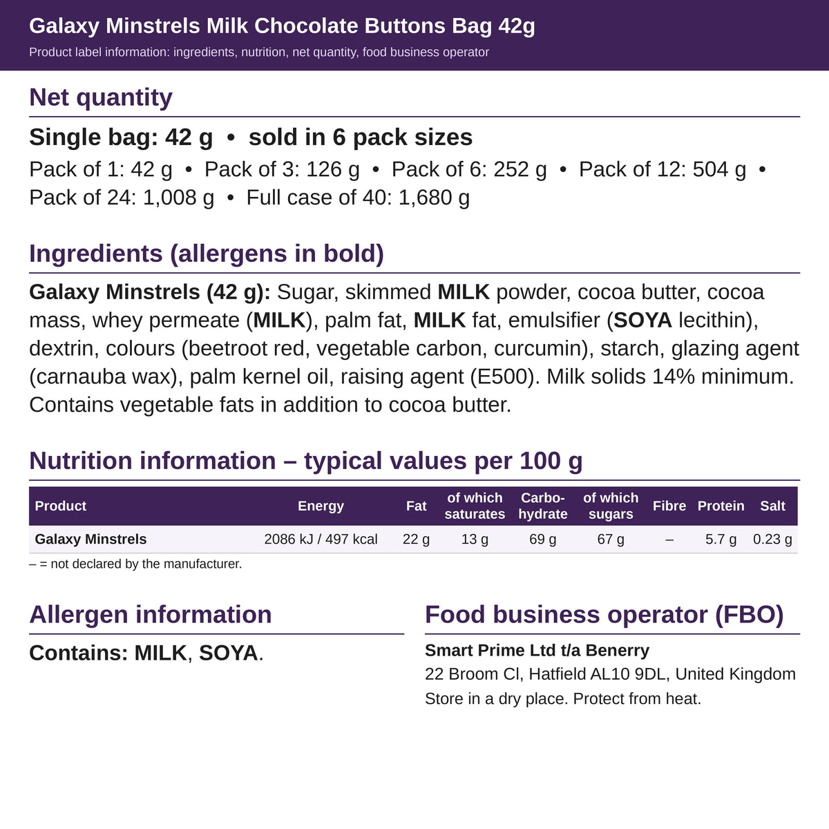 Galaxy Minstrels 42g – ingredients and nutrition label