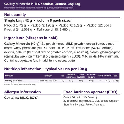 Galaxy Minstrels 42g – ingredients and nutrition label