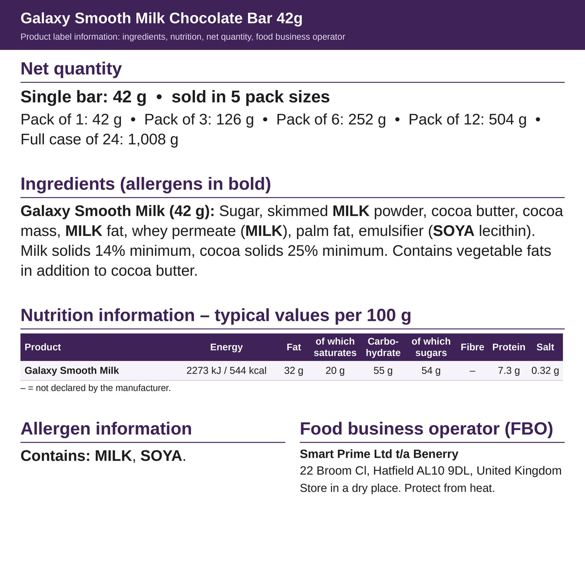 Galaxy Smooth Milk 42g – ingredients and nutrition label