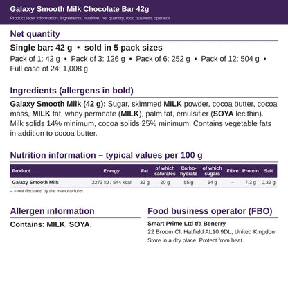 Galaxy Smooth Milk 42g – ingredients and nutrition label