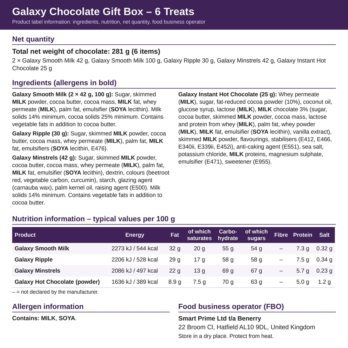 Galaxy 6 Treats – ingredients and nutrition label