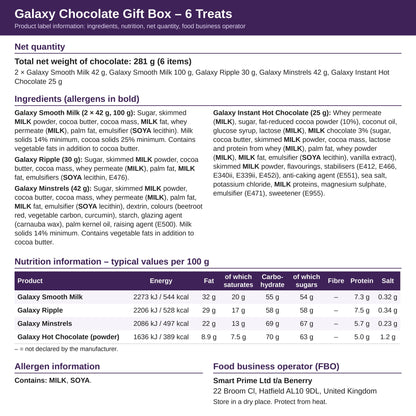 Galaxy 6 Treats – ingredients and nutrition label