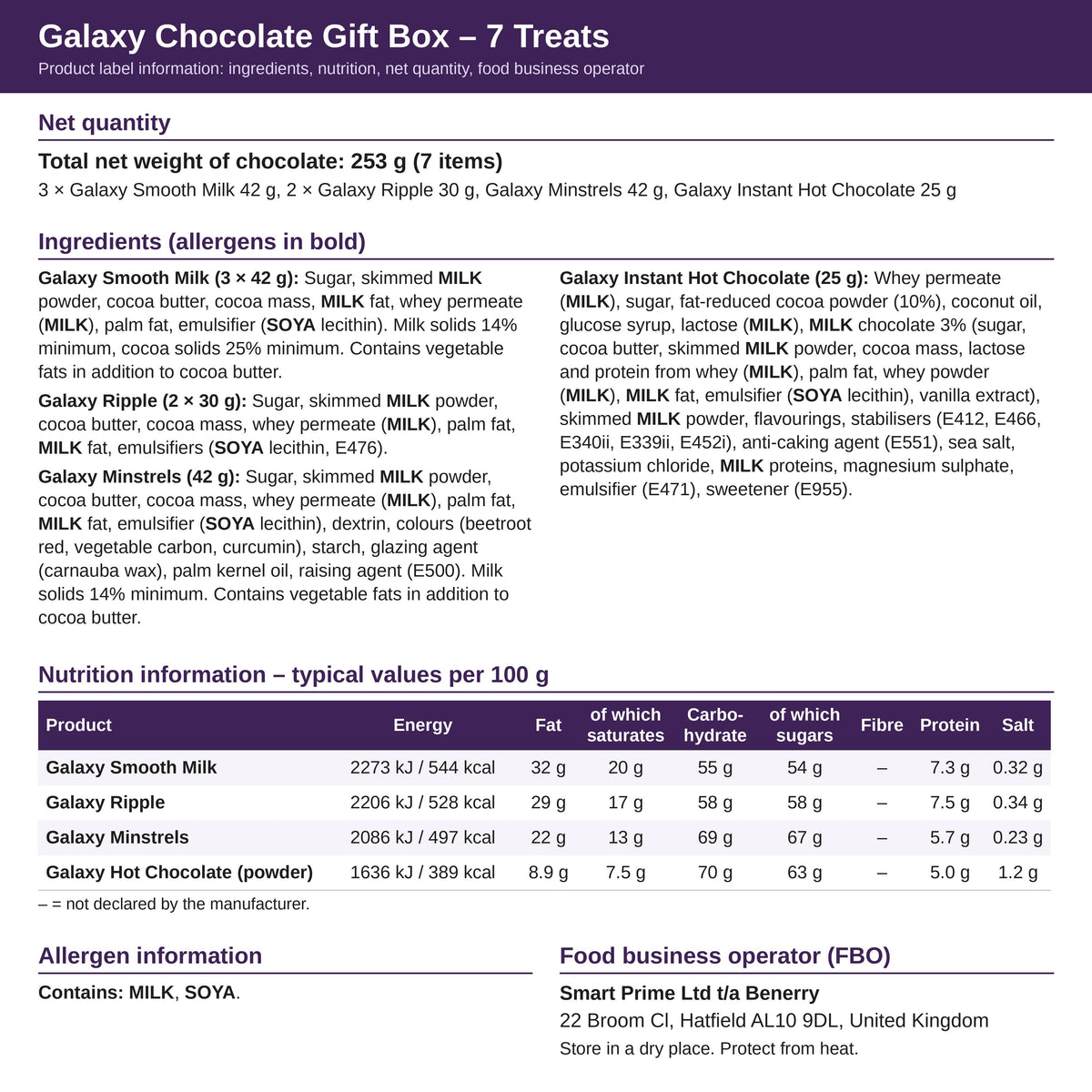 Galaxy 7 Treats – ingredients and nutrition label