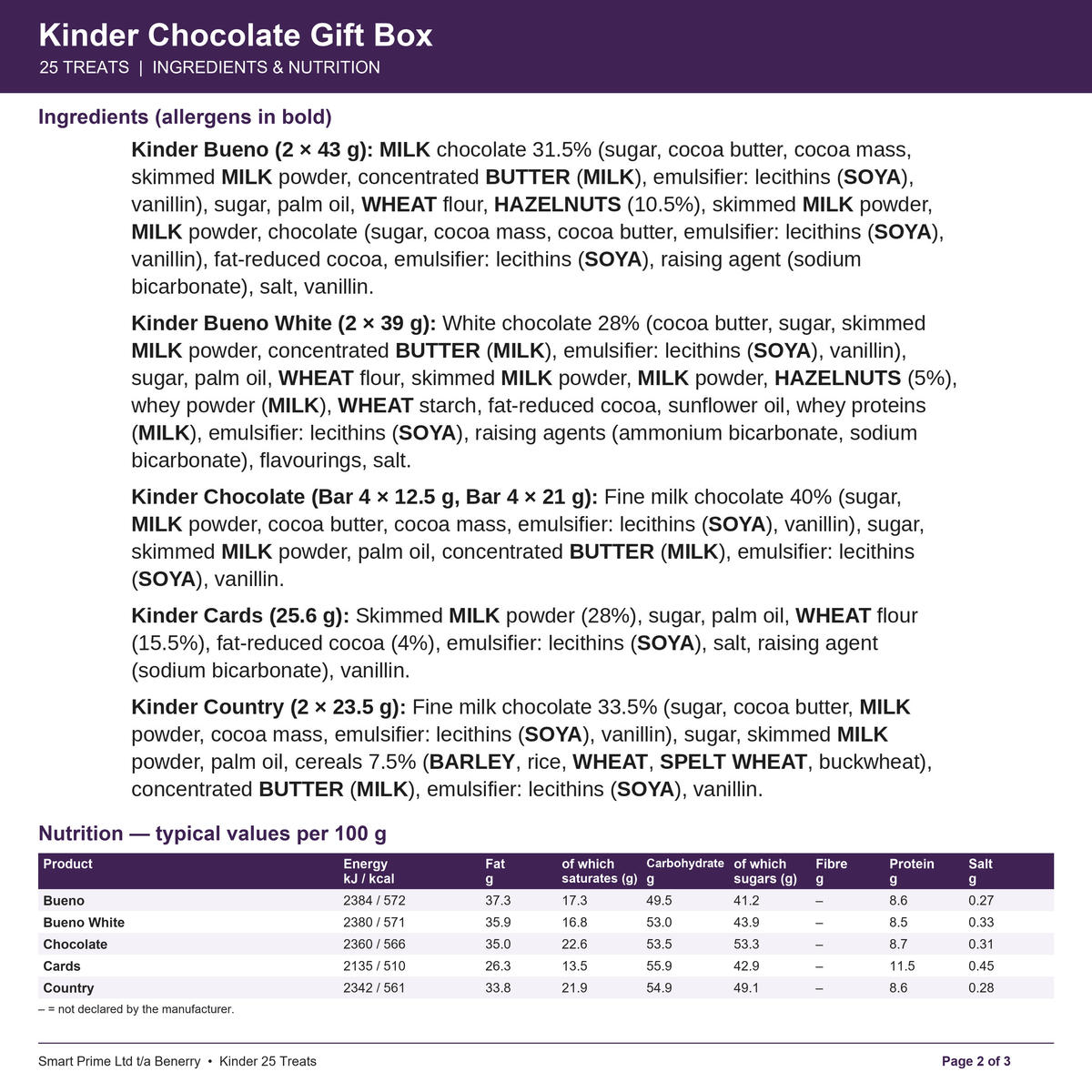 Kinder 25 Treats – product label – page 2 of 3