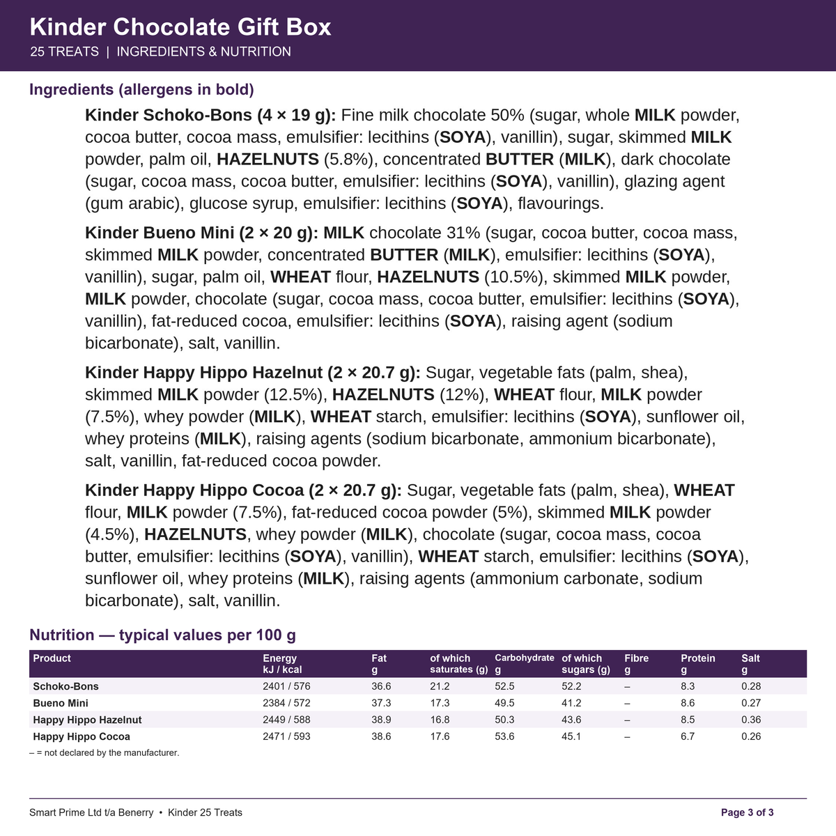 Kinder 25 Treats – product label – page 3 of 3