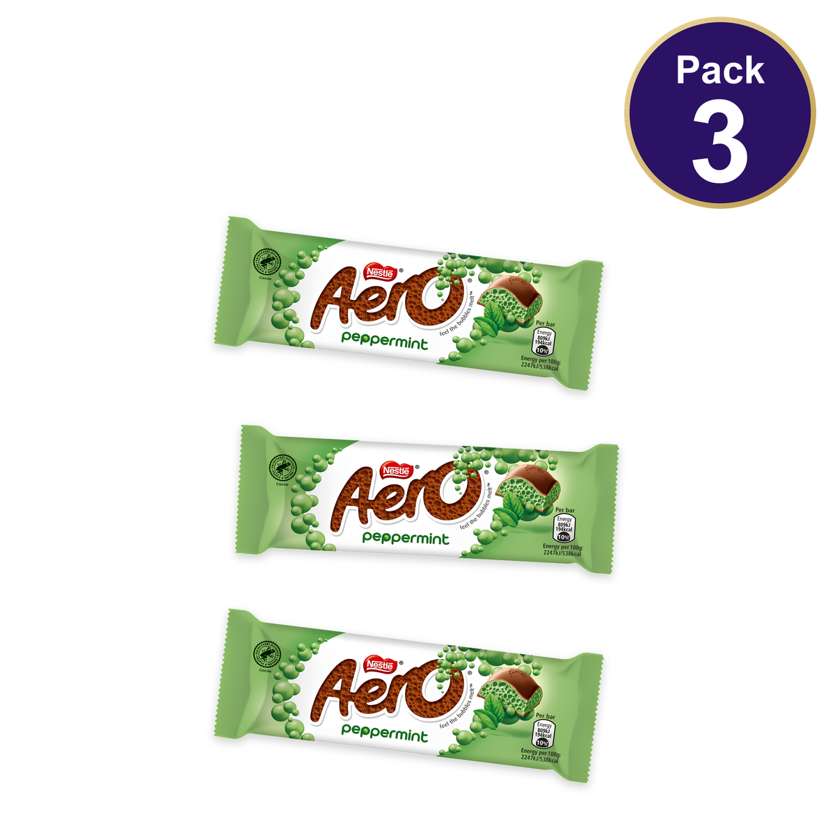 Nestlé Aero Bubbly Peppermint Chocolate Bar 27g — Pack of 3