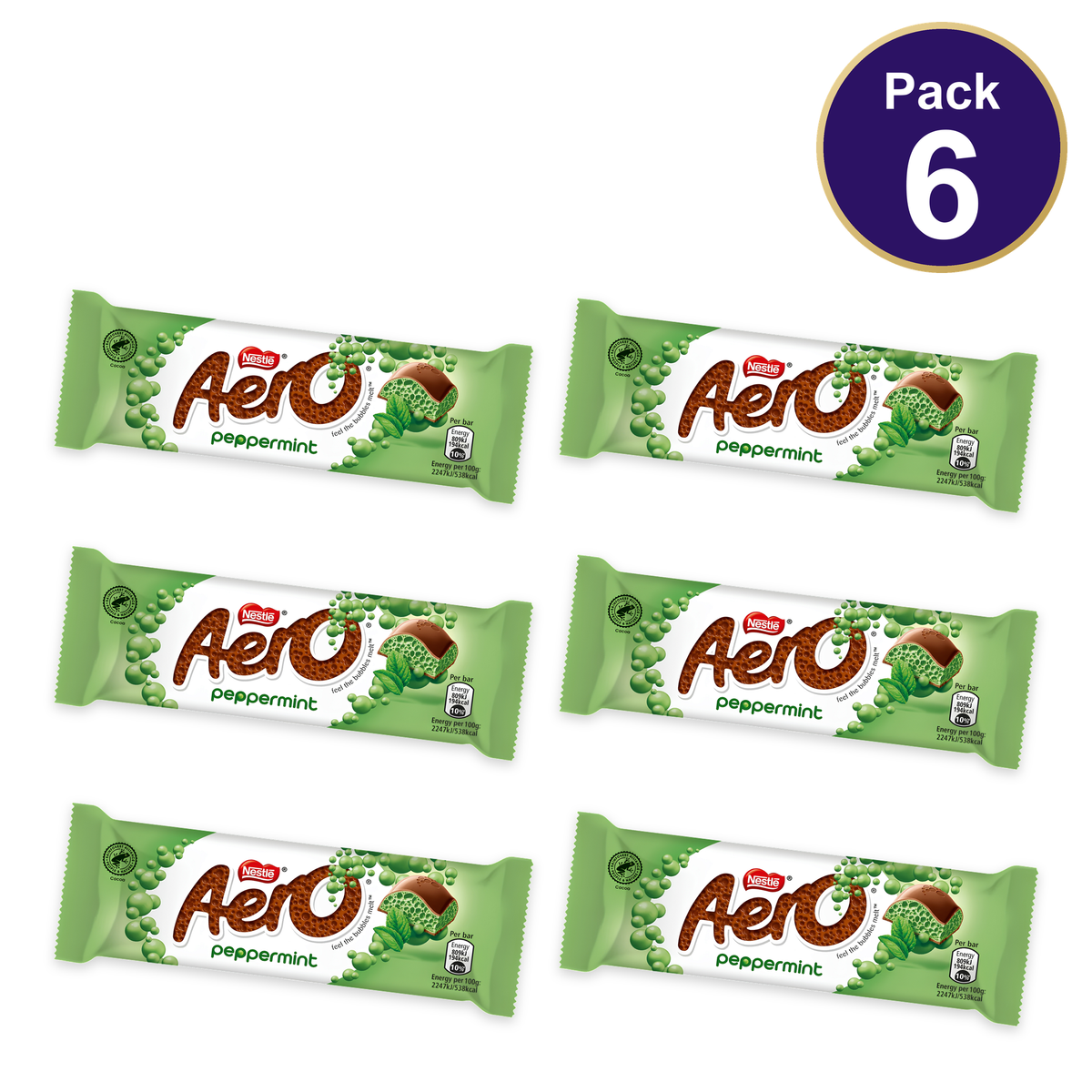 Nestlé Aero Bubbly Peppermint Chocolate Bar 27g — Pack of 6