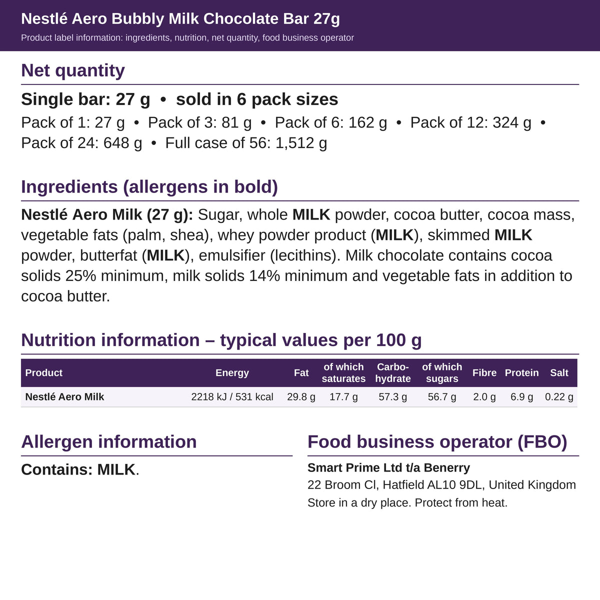 Nestlé Aero Milk 27g – ingredients and nutrition label