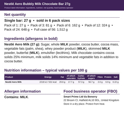 Nestlé Aero Milk 27g – ingredients and nutrition label