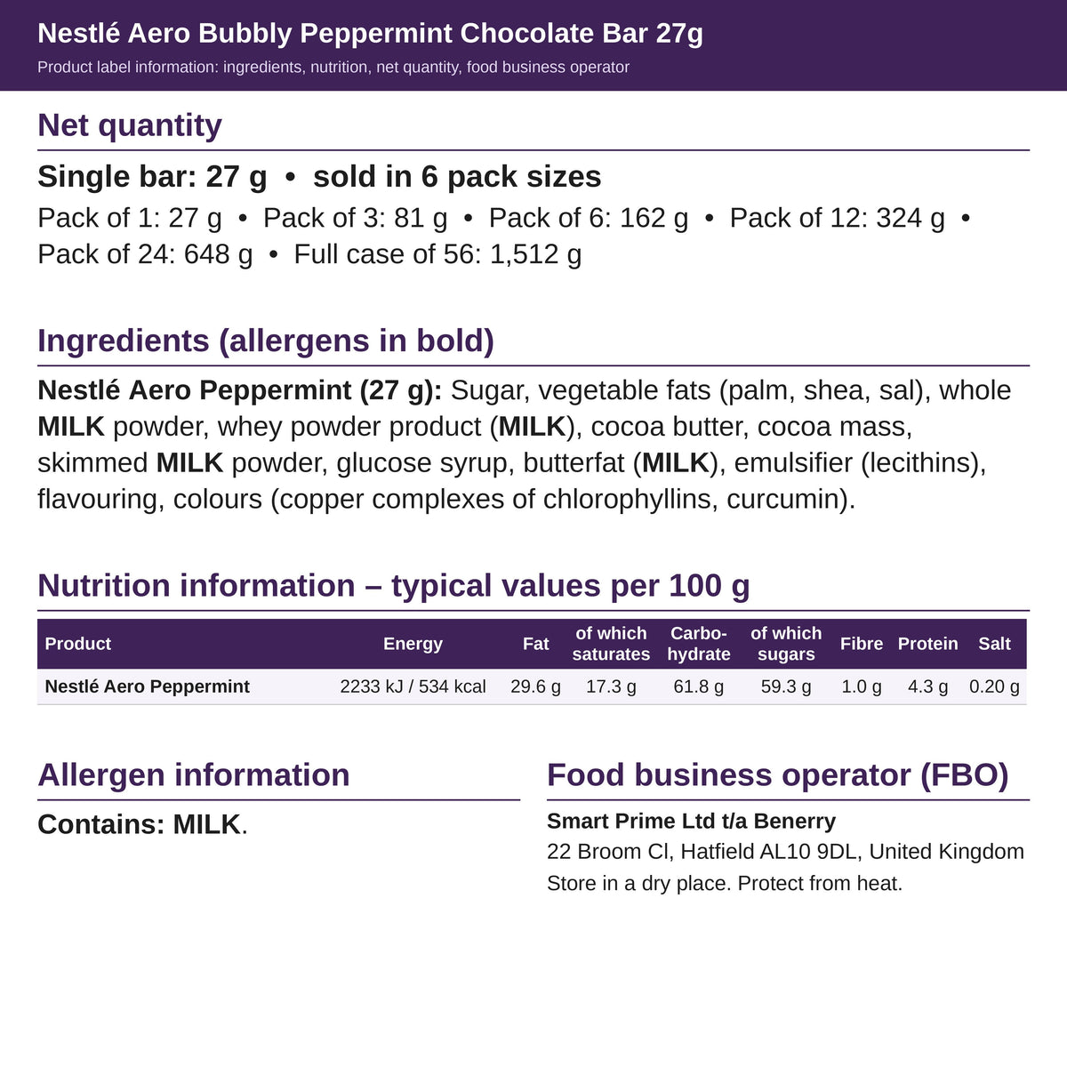 Nestlé Aero Peppermint 27g – ingredients and nutrition label