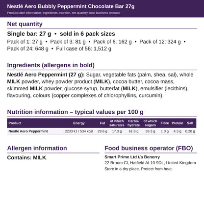 Nestlé Aero Peppermint 27g – ingredients and nutrition label