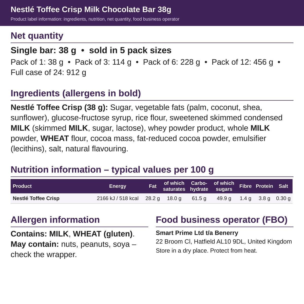 Nestlé Toffee Crisp 38g – ingredients and nutrition label